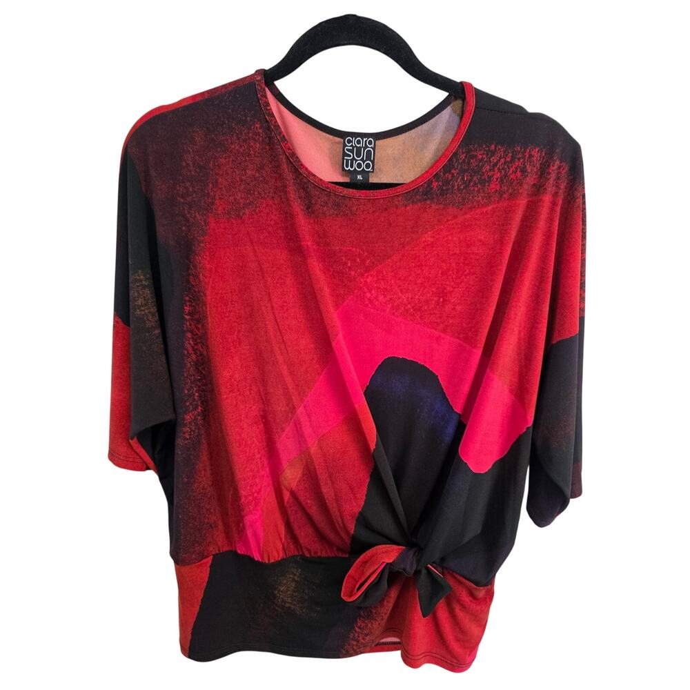 Clara Sun Woo Tie Hem Red Black Abstract Art to Wear Blouse Size XL